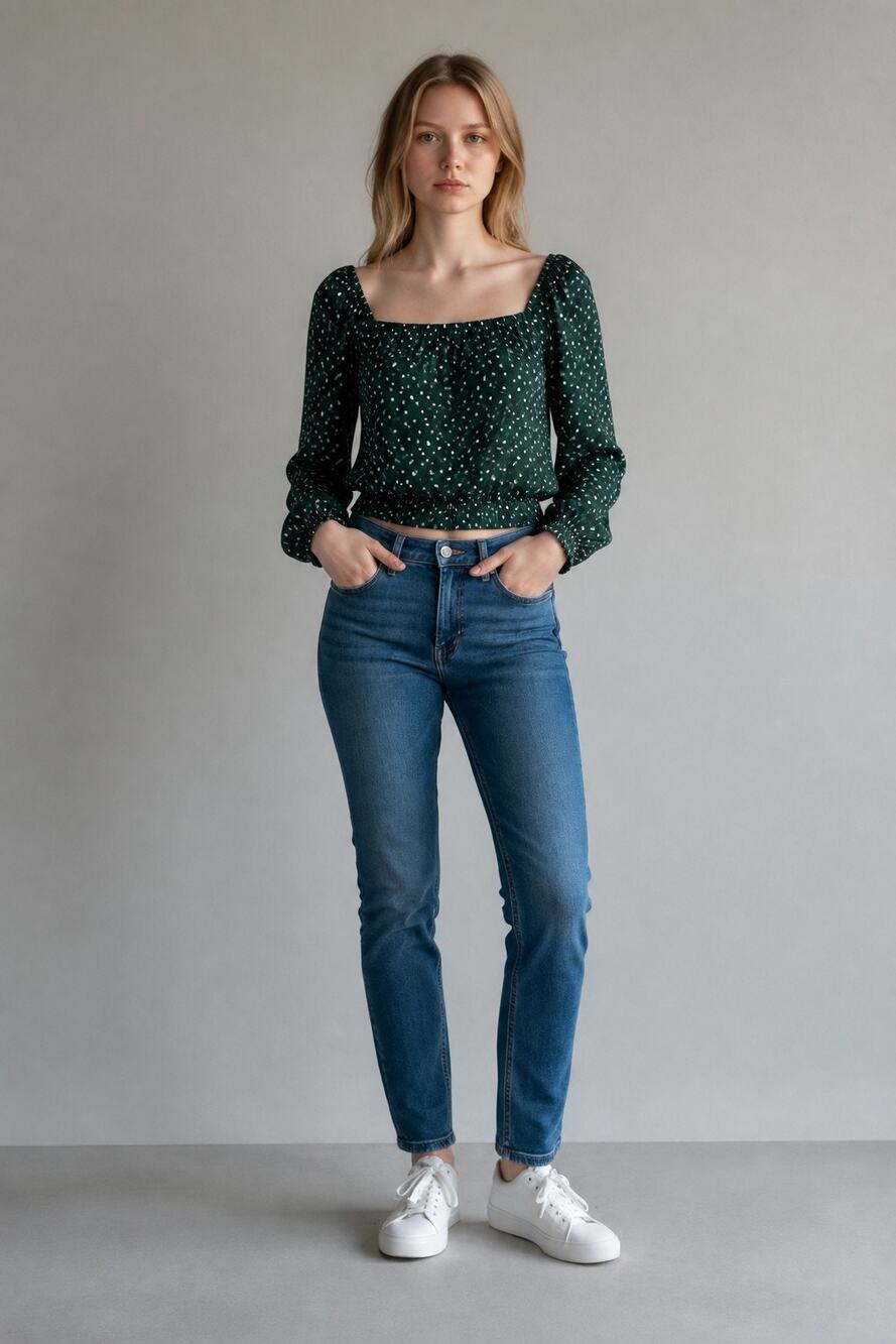 Abercrombie & Fitch Green Polka Dot Smocked Puff Sleeve Crop Top Blouse Size XXS